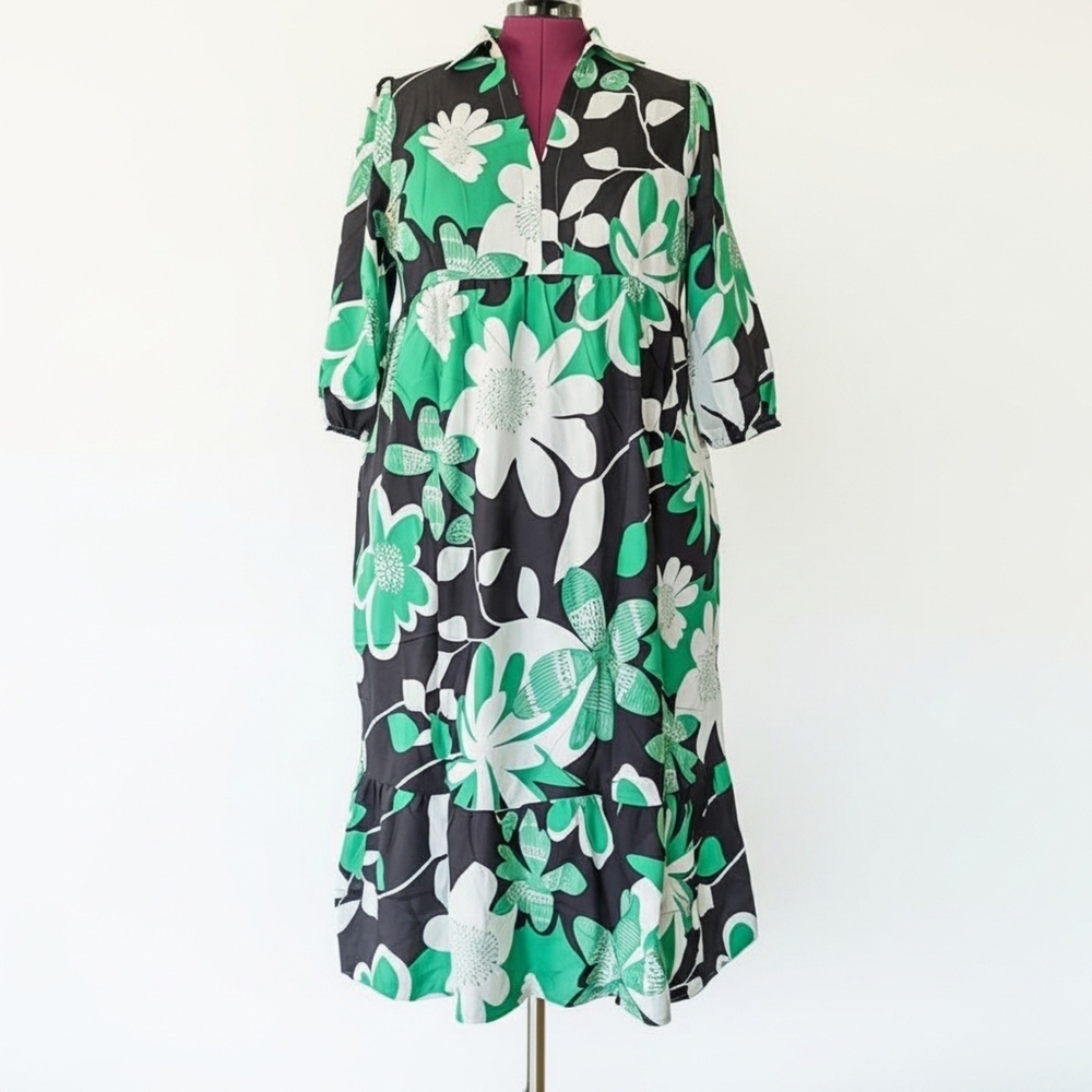 Womens Maxi Shirt Dress Casual Floral 3/4 Long Sleeve Collared V Neck XL